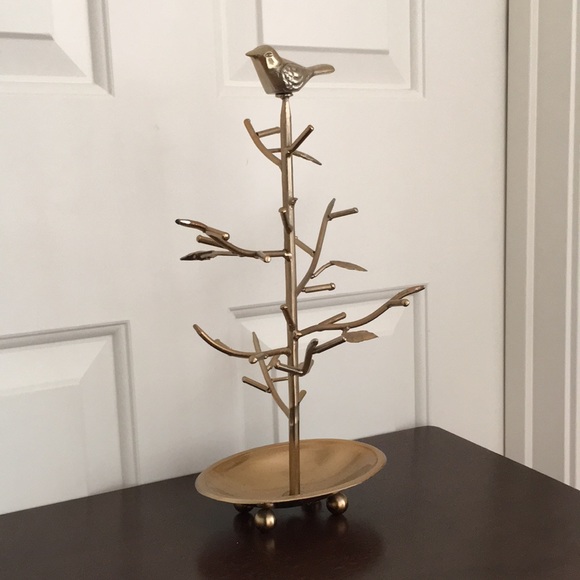 Jewelry Necklace Stand Gold Color Bird Tree Branches Leaves Base bowl - Picture 3 of 11